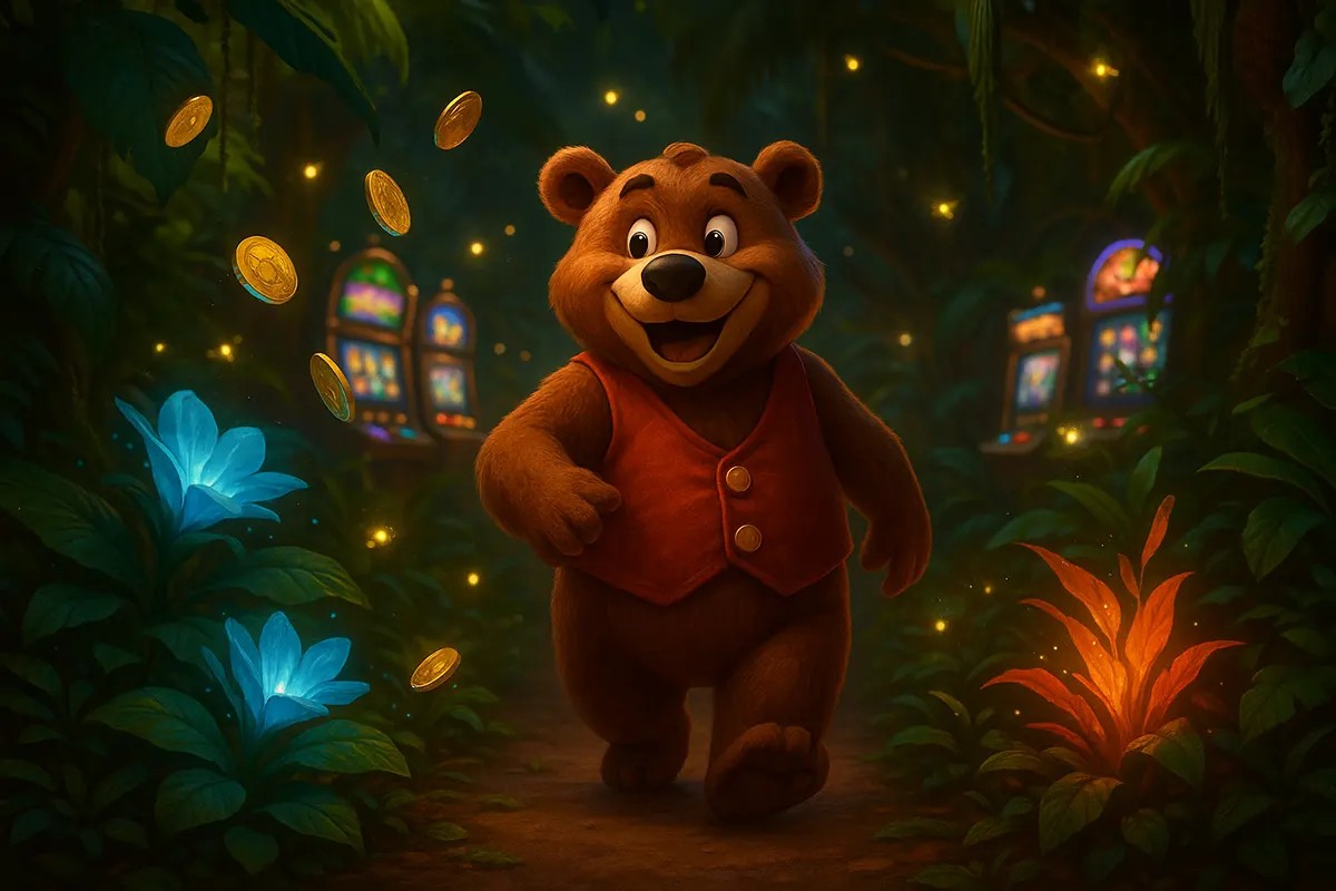 A cheerful cartoon bear walks through a magical forest with glowing plants and floating gold coins, while colourful slot machines shine in the background. The scene feels playful and fantasy-themed, blending nature with casino elements.