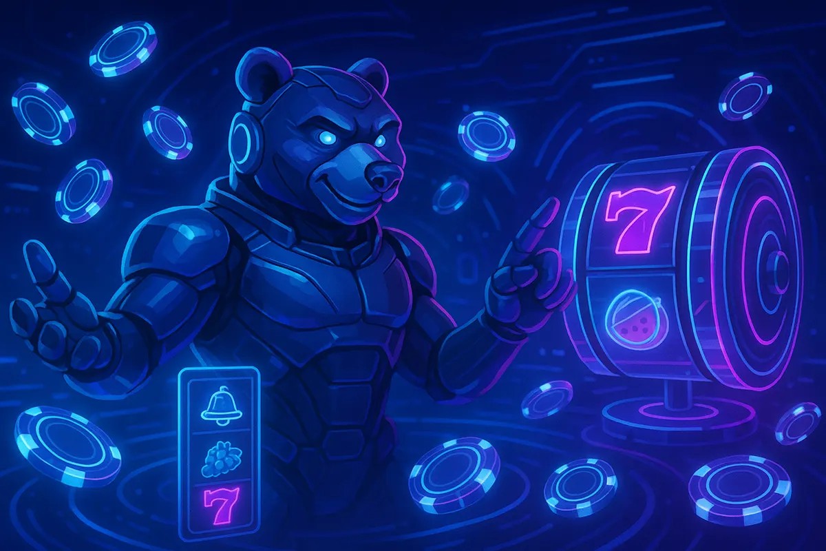 Futuristic cyber-bear in high-tech armor interacts with a glowing slot machine, surrounded by neon casino chips in a sci-fi digital environment. The robotic bear points at spinning reels showing the number seven and fruit symbols. A vibrant, high-energy illustration representing futuristic online casino gameplay.