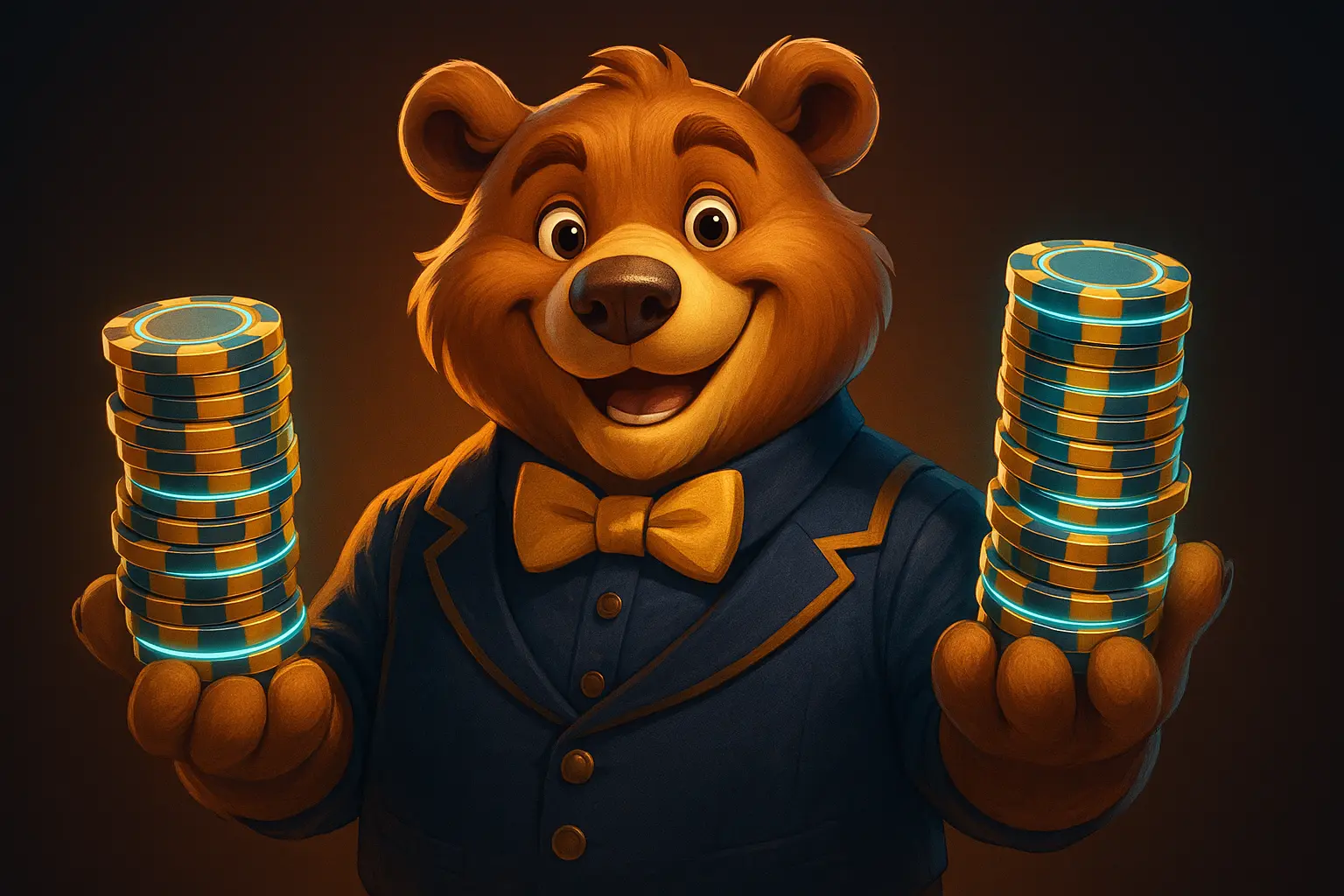 Smiling cartoon bear mascot in a suit holding two tall stacks of glowing casino chips in his hands.