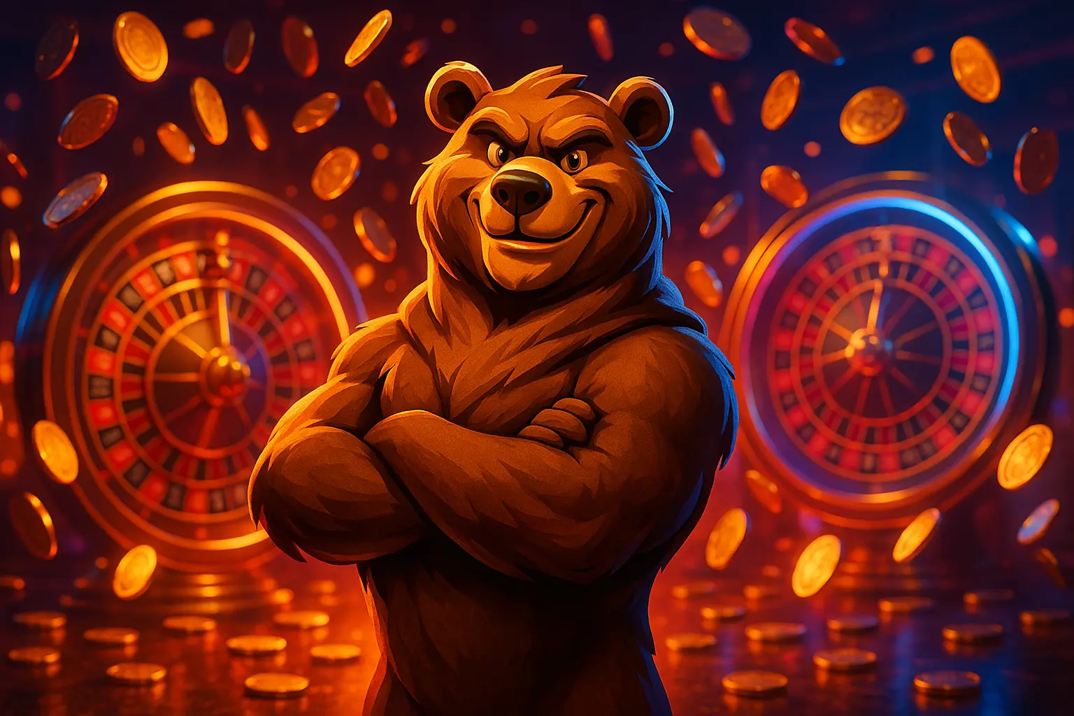 Confident cartoon bear mascot standing with crossed arms in front of two glowing roulette wheels and falling casino coins.