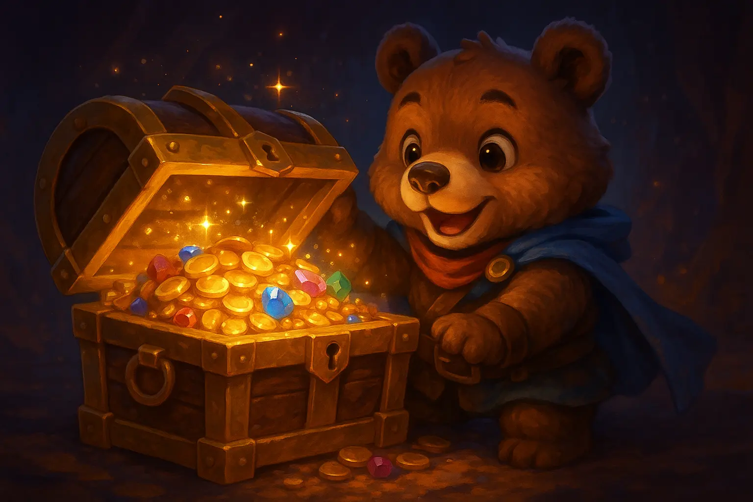 Cute baby bear discovering an open treasure chest filled with glowing gold coins and colorful gems in a warm, magical setting.