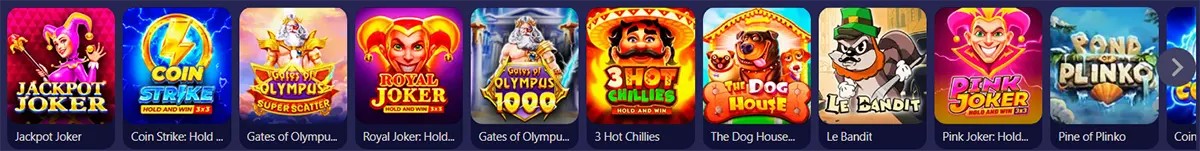 Row of colorful online slot game icons featuring jokers, lightning symbols, ancient gods, animals, and vibrant casino themes.