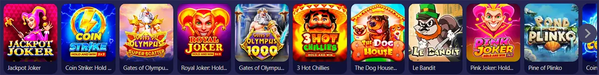 Row of colorful online slot game icons featuring jokers, lightning symbols, ancient gods, animals, and vibrant casino themes.