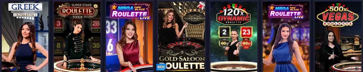 A selection of live roulette games featuring professional hosts standing beside roulette tables, including Greek Roulette, Mega Fire Blaze Roulette, Gold Saloon Roulette, and Vegas Roulette. Each game card showcases vibrant casino lighting and stylish presenters, creating an exciting live-casino atmosphere. Ideal visual for highlighting premium roulette options in an online casino.
